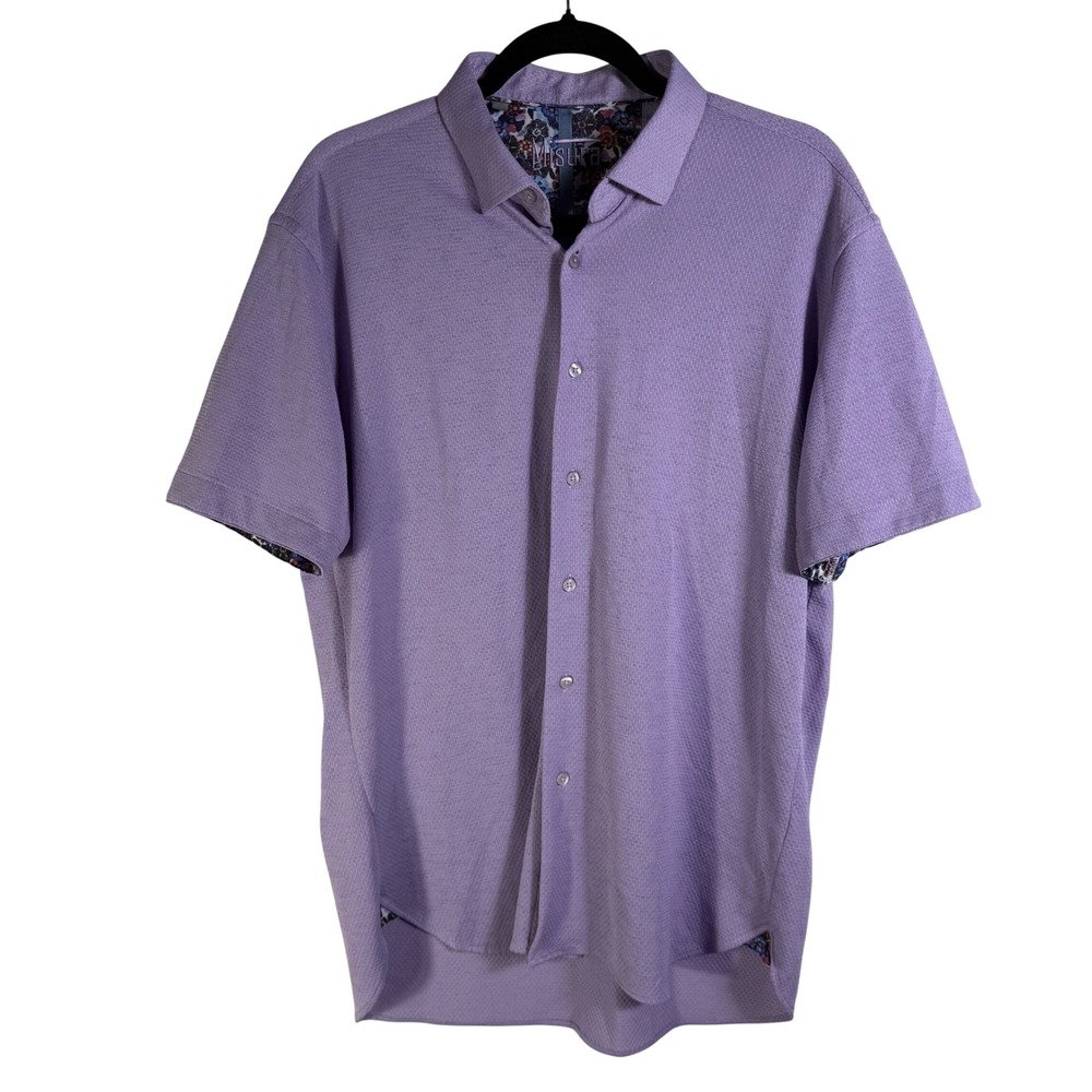 Misura Mens XL Lavender Purple Waffle Knit Short Sleeve Floral Trim Button Shirt